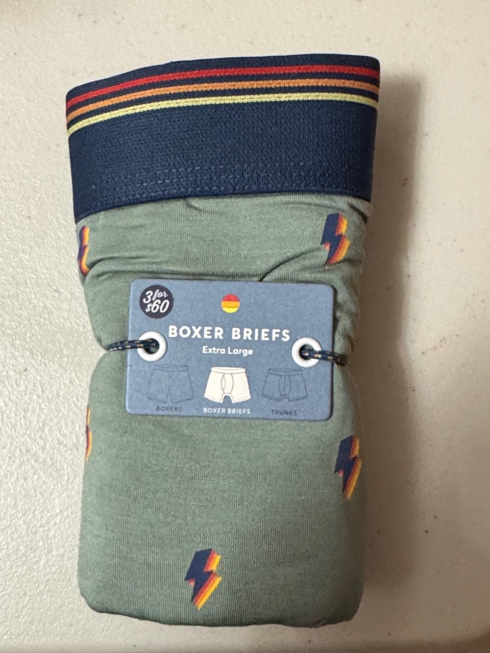 Marine Layer Boxer Briefs Olive Green with Navy Multicolor Waistband w lightning